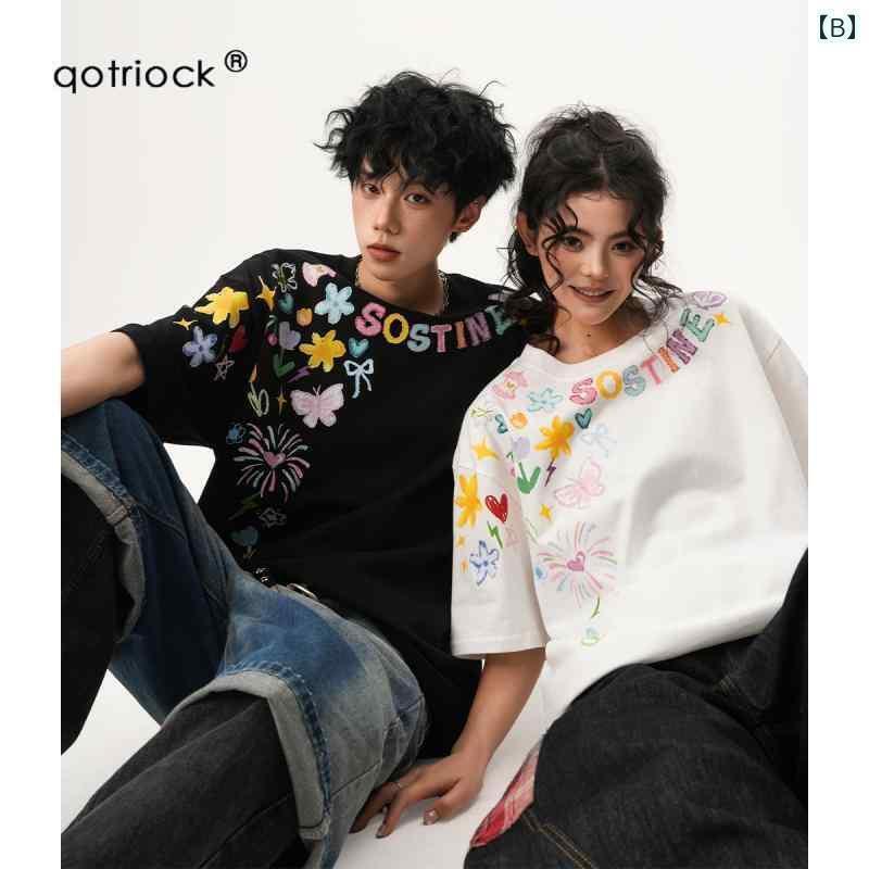 カップル　ユニセックス　ウェア アメリカ なの グラフィティ プリント 半袖 Tシャツ 男女兼用 夏の カップル トップス