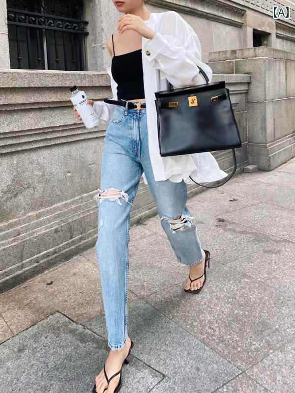 デニム　ジーンズ　レディース の ある ハイウエストの ブルー ストレート ジーンズ 女性用 初秋 スリムフィット ユニークな 破れた スキニー パンツ