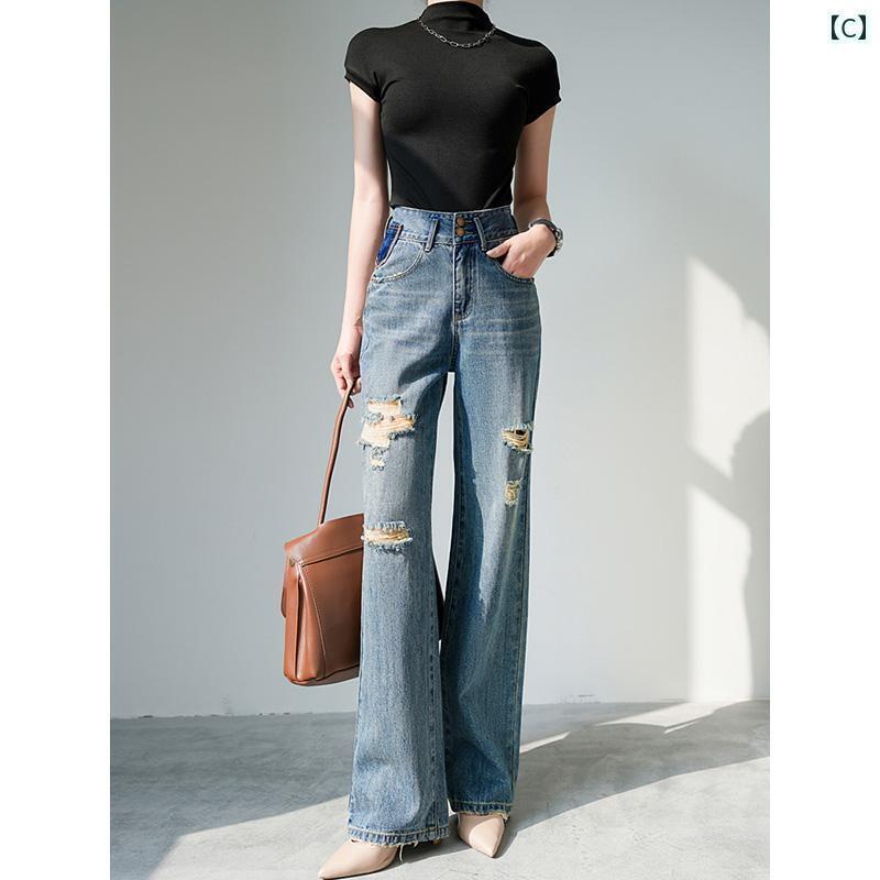 デニム　ジーンズ　レディース ライト カラーの 破れた ジーンズ 女性用 ストレート ナロー ワイド レッグ パンツ ファッション 夏 薄型新 スタイル 9,138円
