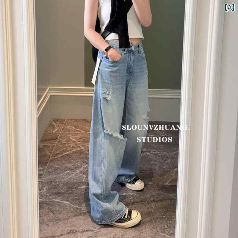 デニム　ジーンズ　レディース 薄手 破れた シミター パンツ フラワーボックス ジーンズ 女性 2025 ライト ブルー カバー ミート 5033001