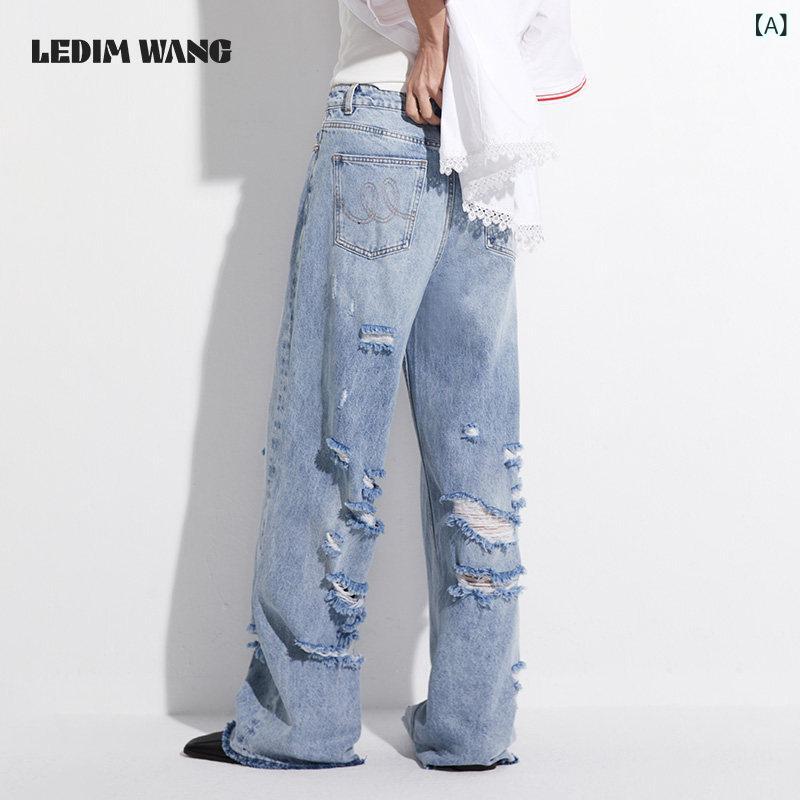 ジーンズ デニム レディース LEDIM WANGの 裂け目 デニム レディース ウォッシュ 工業の 手工芸品 刺しゅう 点火装置 青碧の ゆったり 引っ切りない レッグ 全能 ズボン下