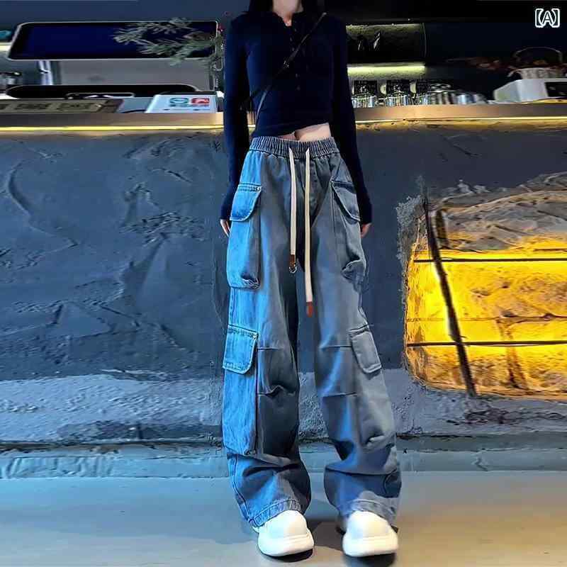 ワイド　レッグ　パンツ　レディース アメリカン レトロ ハイウエスト ゴム ウエスト ストレート マルチ ポケット オーバー オール レディース 2025 春 ジーンズ