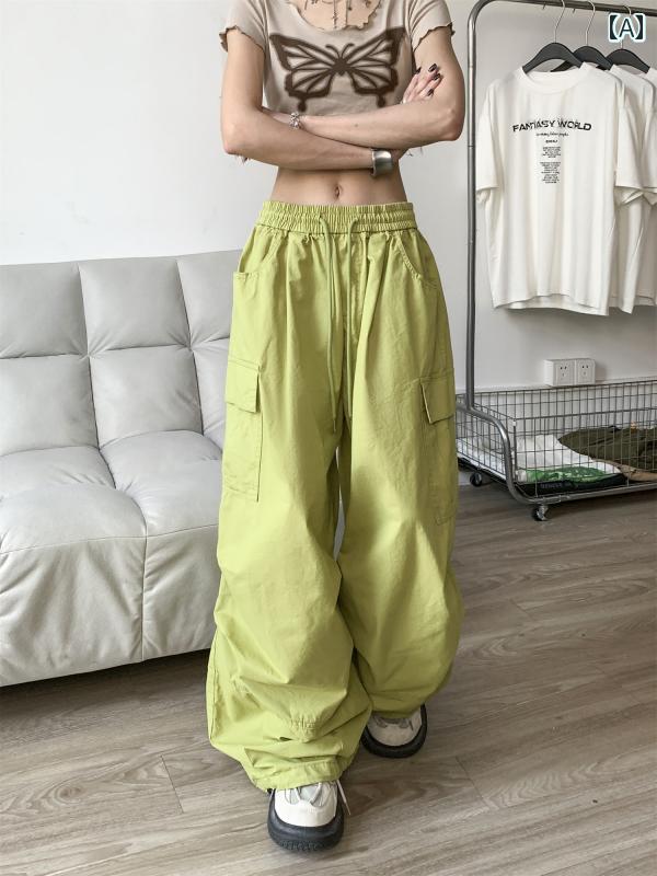 ワイド　カーゴ　パンツ　レディース クールで クールな 女の子は 薄手 韓国 オーバー オール ゆったり ストレート ワイド レッグ カジュアル ヒップ ホップ ドローストリング ロング パンツを 着用 します