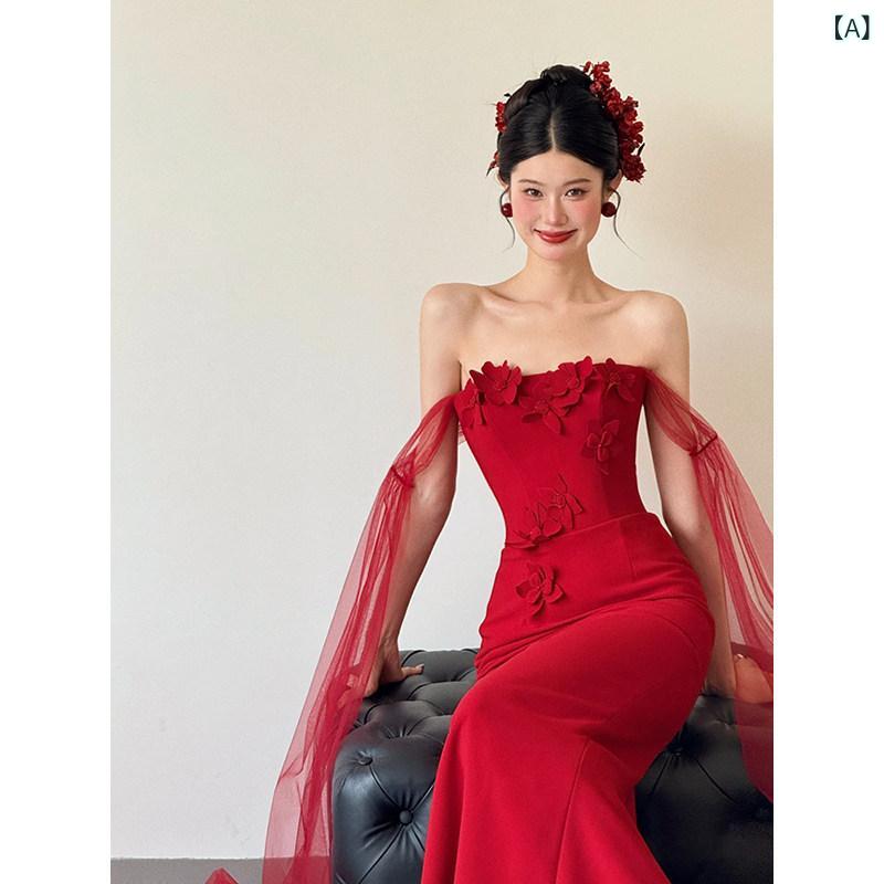 赤いドレス　レディース チャイナ風 赤い 花嫁の トースト ドレス ワンショルダーの 高級 サテンの 結婚 婚約 2025 ド アドレス｜サポートシェアグローバル