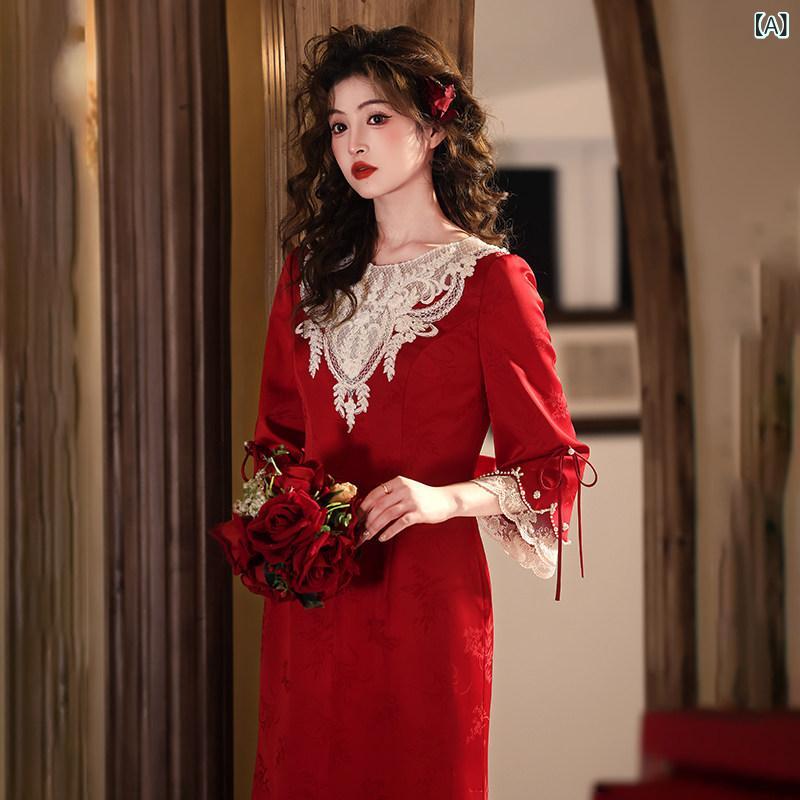 赤いドレス　レディース 中国 トースト ドレス 花嫁の 婚約 2025 ウェディング 赤い の 帰りの ドアの イブニングドレス スカート 春