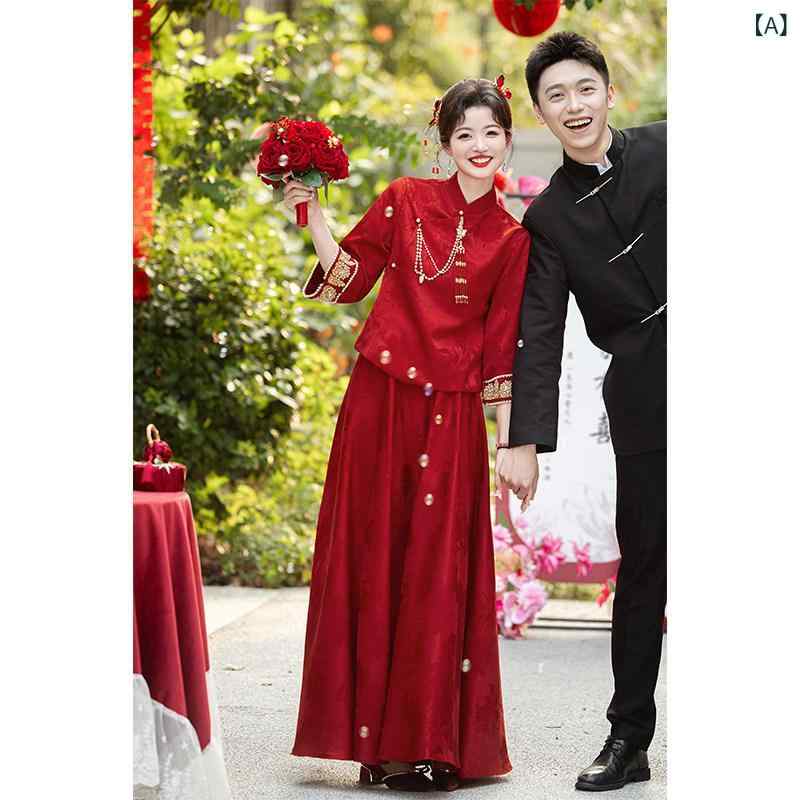赤いドレス　レディース 桃の 花の 春の レディース 花嫁の トースト ドレス 歓迎の 婚約 ウェディング モーニング 結婚 披露宴の 写真 スタジオの 帰郷