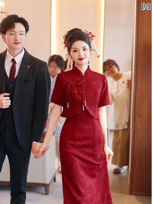 赤いドレス レディース 赤い チャイナ ドレス トースト 2025 ウェディング 日の 花嫁 カジュアル 婚約 スカートは 普段は 家に 帰って 着用 できます