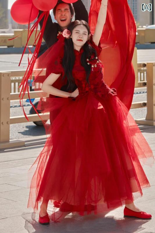赤いドレス レディース チャイナ風 婚約 ドレス スカート 2025 花嫁の ウェディング トースト モーニング ローブ 旅行 赤 ライト ウェディングドレス|サポートシェアグローバル