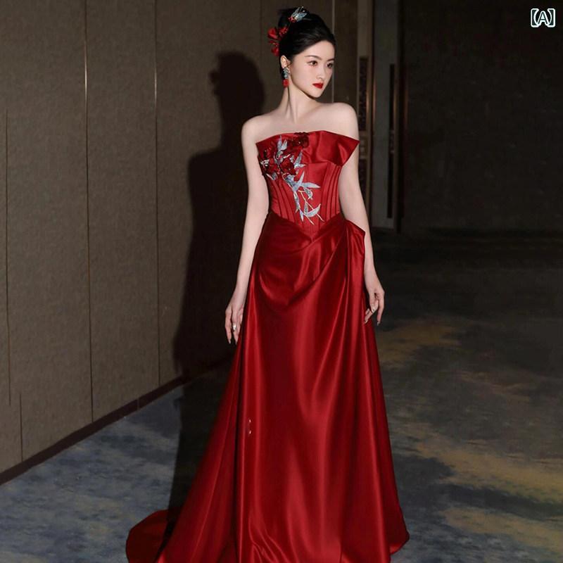 赤いドレス　レディース 中国 トースト ドレス 花嫁の 赤い チューブ トップの 高級 モーニング ガウン 婚約 レトロ レセプション パーティー ド アドレス