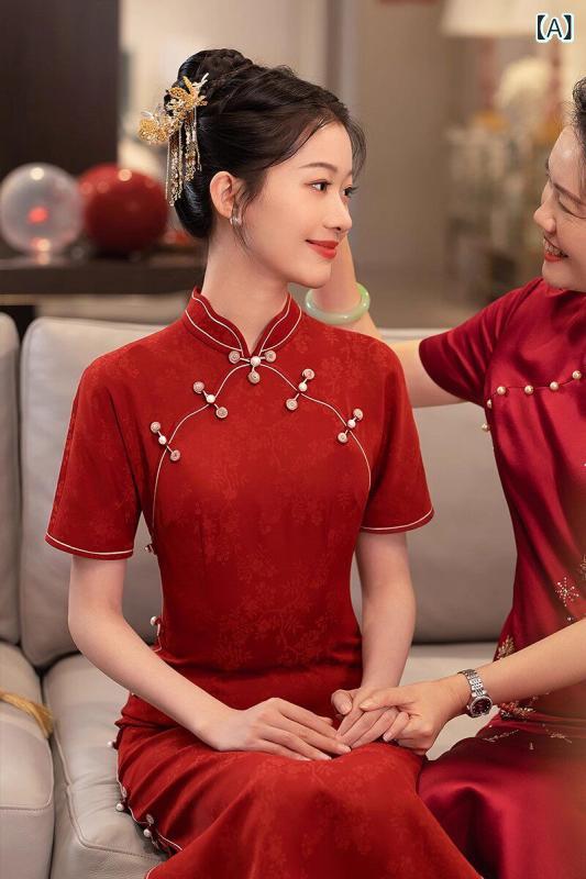 赤いドレス　レディース マン ティン ファンの 赤い チャイナ ドレス レトロ 花嫁の 高級 ウェディング 婚約 長袖の お返しの トースト 女性｜サポートシェアグローバル