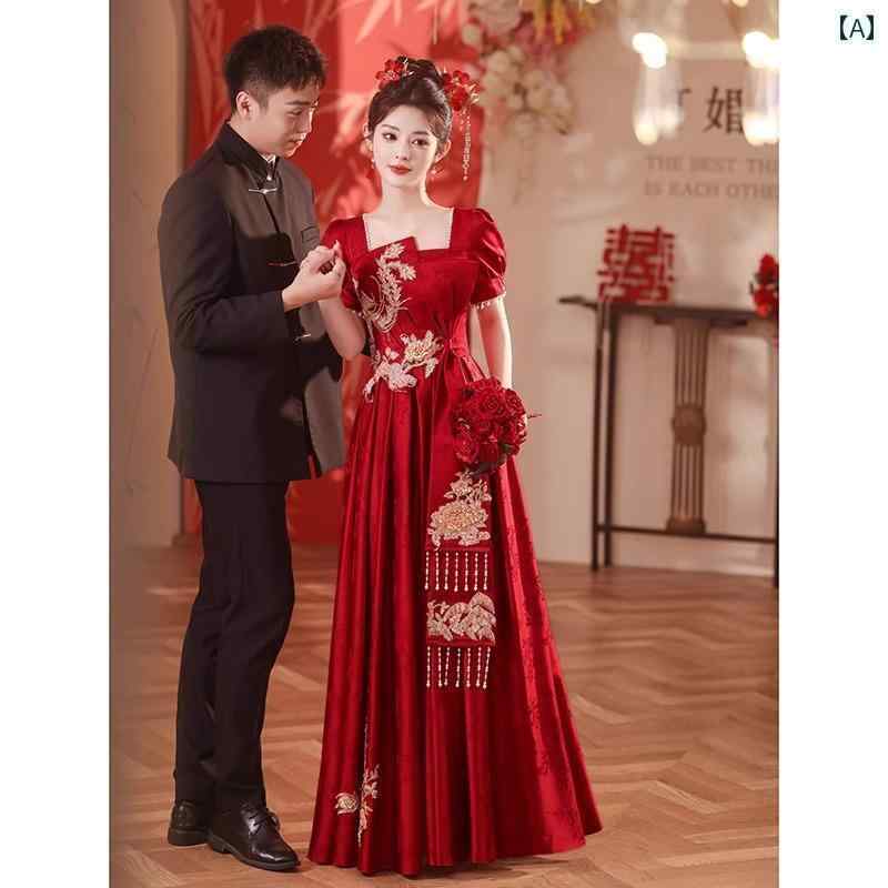 赤いドレス　レディース チャイナ風 トースト ドレスの 花嫁の 高級 ワイン レッドの サテンの ウェディング 婚約 お返しの スカートの 女性 ウェディングドレス