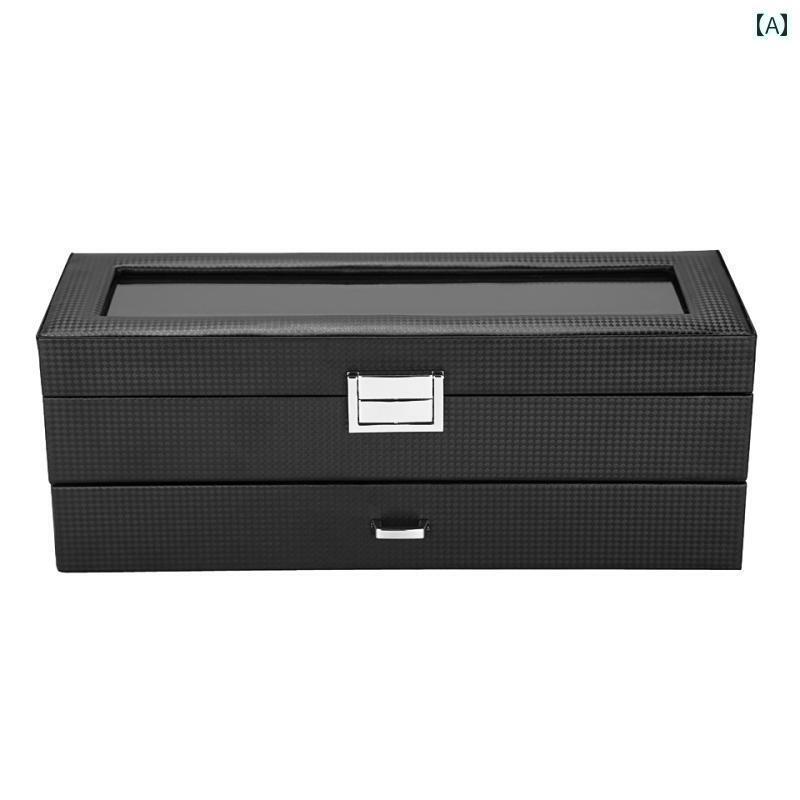 ケース　革　収納 ブラック 6 グリッド PU レザー カー ボン ファイバー 高級 腕 時計 収納 ボックス 木製 二 層 ジュエリーボックス