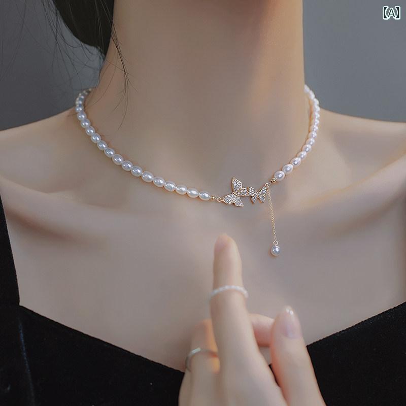 ペンダント ネックレス アクセサリー フランス製 MEIAKOIN 淡水 パールネックレス バタフライ ペンダント ライト 高級 レトロ ネックレス