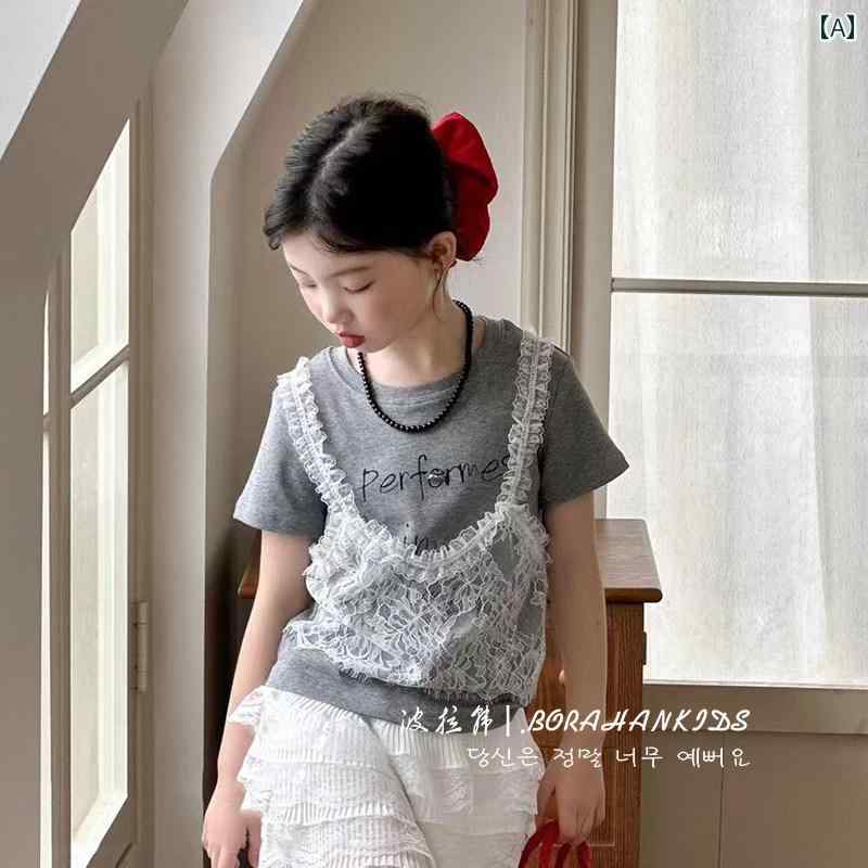子供服　カジュアル　かわいい ボラ ハン 夏 女の子 フェイク ツーピース 半袖 レース ステッチ Tシャツ 2025 子供用 ラウンドネック トップ
