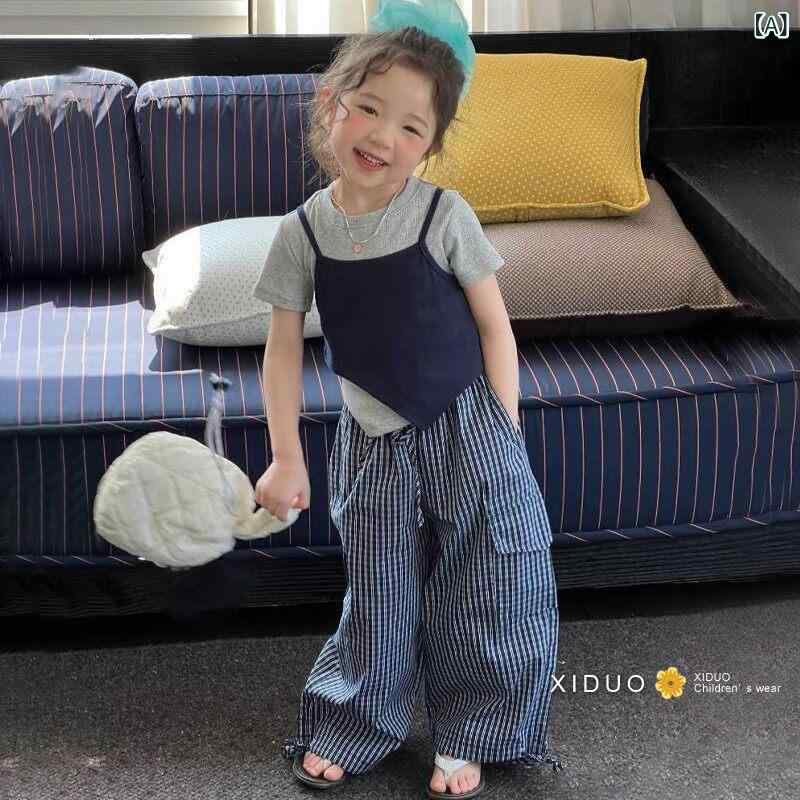 子供服　カジュアル　かわいい 韓国 女の子 夏の 半袖 Tシャツ 25 子供服 西洋風 不規則な スリング スーツ ツーピース トップ
