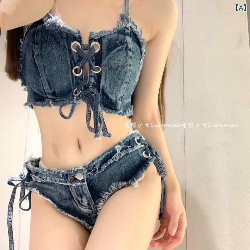 ビキニ　水着　レディース インと アメリカ レトロ 魅惑的 ホット ガール 三点 デニム ビキニ 小さい 胸 ストラップ 温泉 休暇 水着 女性