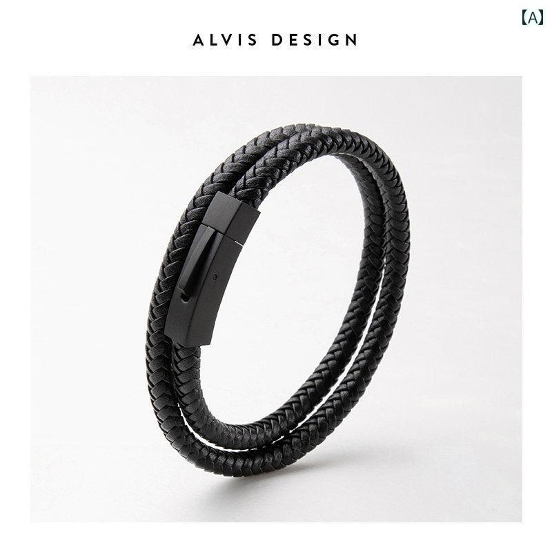 ブレスレット　ジュエリー　おしゃれ ALVIS 編み込み レザー ロープ ブレスレット 男性用 レトロ 革 高級 ダブル サークル 彼氏への シンプル ギフト