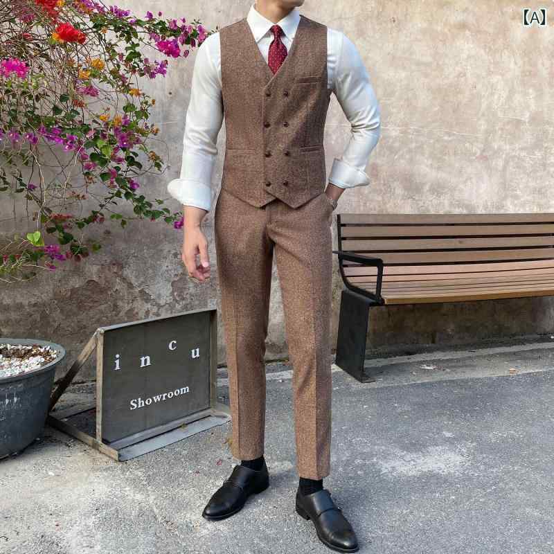 スーツ　ベスト　メンズ スーツ ベスト 花婿の 付添 人の 服 英国 レトロ ツイード 男性 新郎 ウェディングドレス 兄弟の 衣装