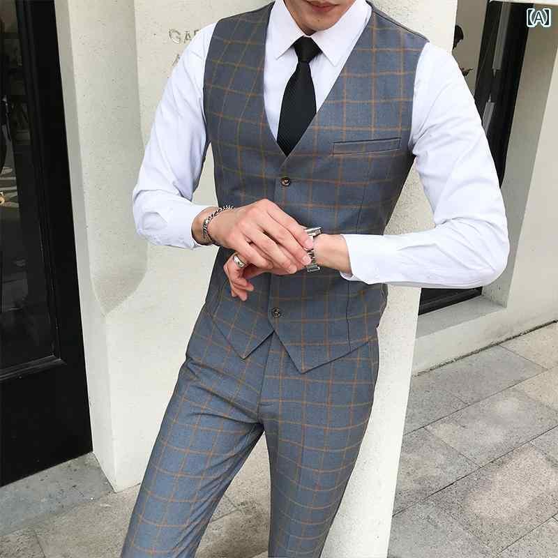 スーツ　ベスト　メンズ メンズ スリーピーススーツ テーラード シャツ チェック 柄 パンツ 韓国 スーツ ベスト 男性 付添 人｜サポートシェアグローバル