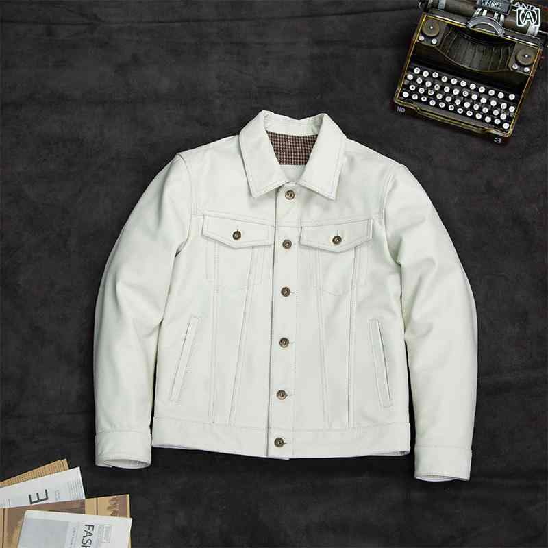 レザー　ジャケット　おしゃれ 春の 革 ジャケット シンプル ホワイト レザージャケット第一層 牛革 オートバイ 服 スリム ショート メンズ