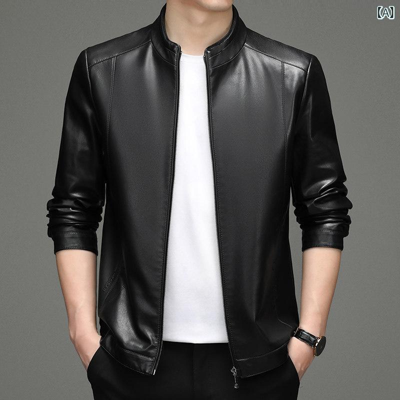 レザー ジャケット カジュアル Haining 革 ジャケット 男性用 秋冬 裏起毛 シープスキンジャケット 中年お父さん 着用 メンズカジュアル レザージャケット|サポートシェアグローバル