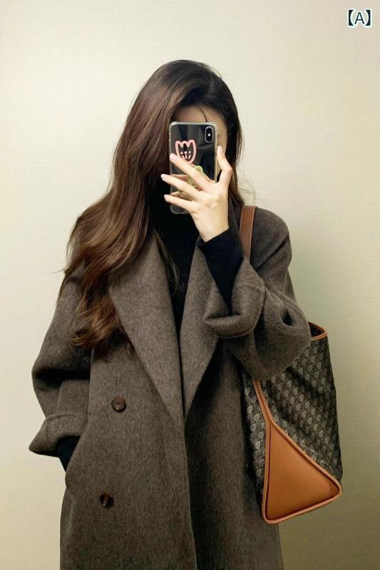 カーキ 厚地の外套 レディース マイ ラール ダブル人間の顔 カシミール厚地の外套 レディース 2024 秋冬 韓国 飛び切り 羊毛 厚地の外套 真っただ中 丈