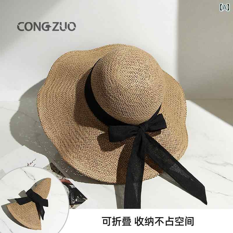 麦わら帽子　レディース　かわいい Congzuo 夏の 旅行に 女性用 麦わら 帽子 ラフィア 帽子は 顔を 小さく 見せ 写真を 撮る ときに 日焼け防止 フィッシャーマン ハット サンハット