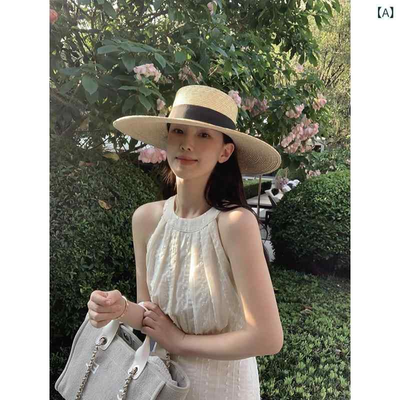 帽子　麦わら　レディース サイド cm つば 広 フラット トップ 麦わら 帽子 女性用 夏用 日焼け防止 海辺 休日 ビーチ フレンチハット