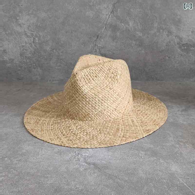 麦わら帽子　レディース 夏用の 女性用 手編み ラフィア ハット つば 広 ジャズ 麦わら 帽子 ビーチ 旅行用 サンハット パナマハット