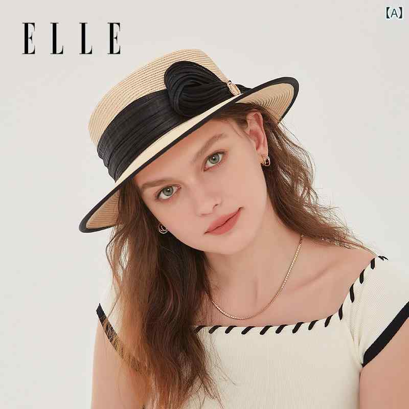 麦わら帽子 レディース ELLE フレンチ フラット トップ 麦わら 帽子 レディース 夏 ビーチ 日焼け防止 つば 広 サンハット 田園 風 スタイル|サポートシェアグローバル