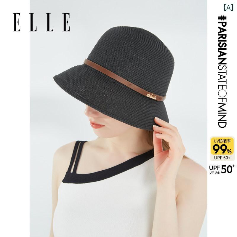 麦わら帽子　レディース ELLE 麦わら 帽子 レディース 夏用 サンシェード ビーチハット 軽量 通気性の ある ベースン ハット ベルト 装飾 紙
