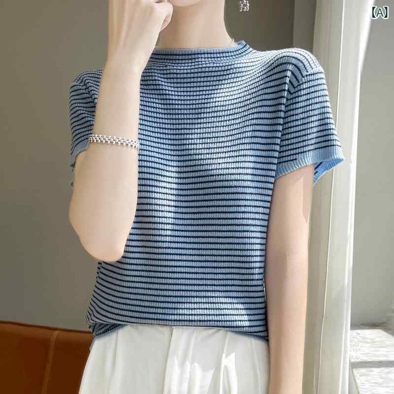 レディース ハイネック タートルネック 初秋 ハーフ ハイネック ストライプ 半袖 レディース ファイン ウール ニット Tシャツ ゆったり プルオーバー レイヤリング シャツ