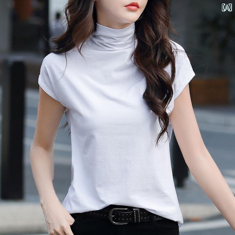 レディース ハイネック タートルネック ハーフ タートルネック 半袖 Tシャツ レディース 2025 夏 ゆったり レイヤリング シャツ 綿 薄手 インナー トップス