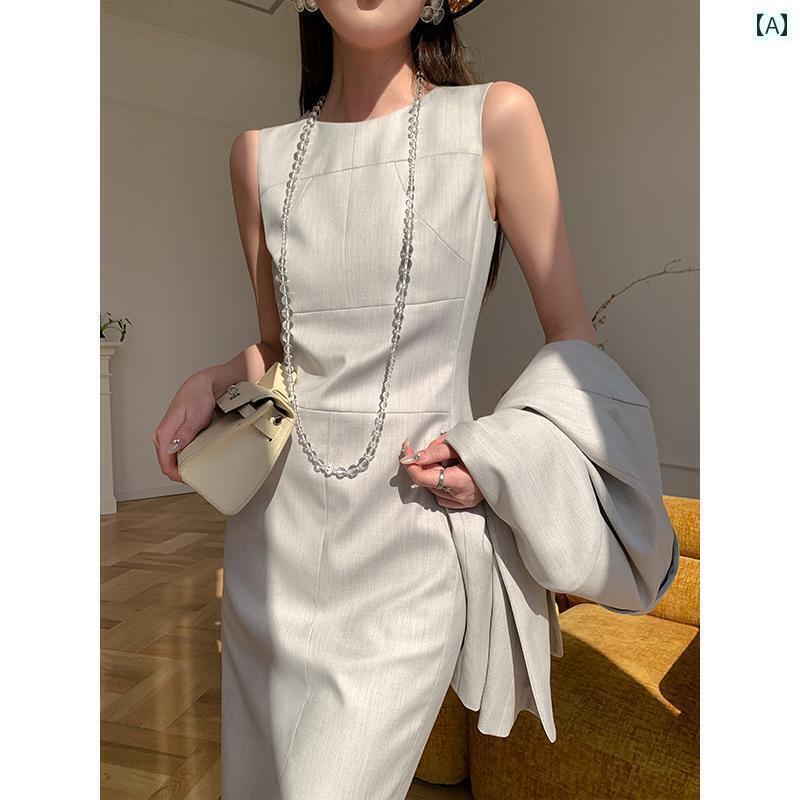 スタイリッシュ 女性 スーツ 夏 ノースリーブ ワンピース スーツ 小さい ジャケット レディース 痩せ型 スタイル 仕事 OL プロ 高級 グレー