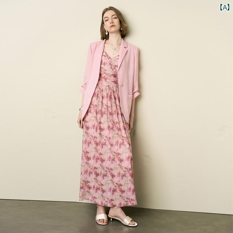 シンプル 女性 スーツ Yanyu スーツ ジャケット 花柄 サスペンダー ドレス ツーピース レディース 2025 夏 マッチング コンプリートセット