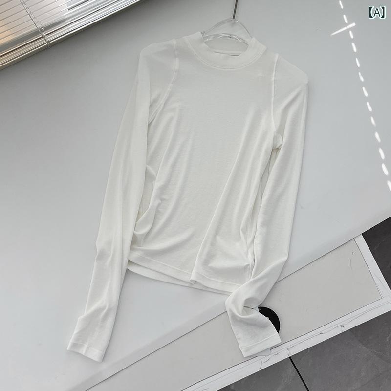 レディース 長袖 丸首 Tシャツ 伸縮性 インナー トップス ウール 素材 スリム フィット 痩せ見え 重ね着 対応 百搭 普段使い 秋冬 対応
