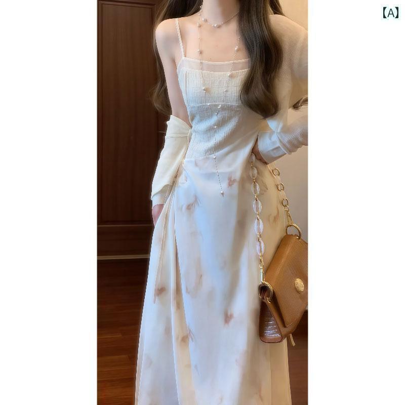スリムフィット サスペンダードレス 2025 春の 美しい 小さい スカート 優しくて ユニークな 花柄 スリング ドレス カーディガン ツーピース セット