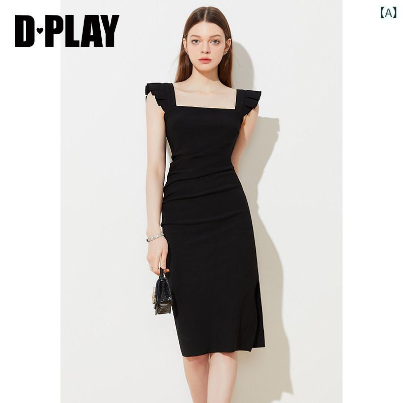 スリムフィット サスペンダードレス DPLAY 2025 夏の ブラック ドレス 女性用 スリム サスペンダー ロング スカート リトル ドレスの ある ビーチ