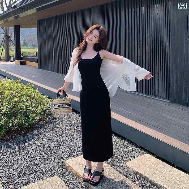 スリムフィット サスペンダードレス アイランド ソング レディ 胸 パッド 付き サスペンダー スカート ドレス 女性用 夏用 スリム ウエスト 黒 ロング 丈 ノースリーブベスト
