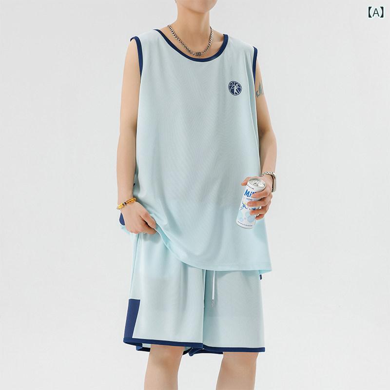 バスケットボール ウェア メンズ 戦士の 氷の の スポーツ スーツ メンズ 夏の ランニング フィットネス 速乾の 服の ツーピースの バスケットボールの ノースリーブの Tシャツ