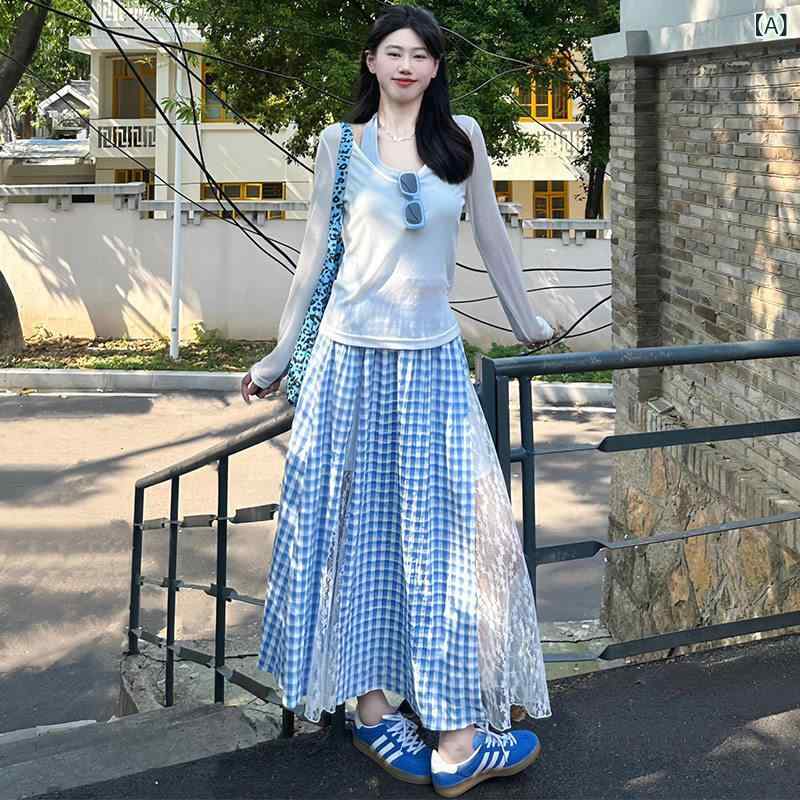 パンツドレス レディース ブルーの チェック 柄 スカート レディース 夏 2025 ハイウエスト aライン ロング 小さい 不規則な レース
