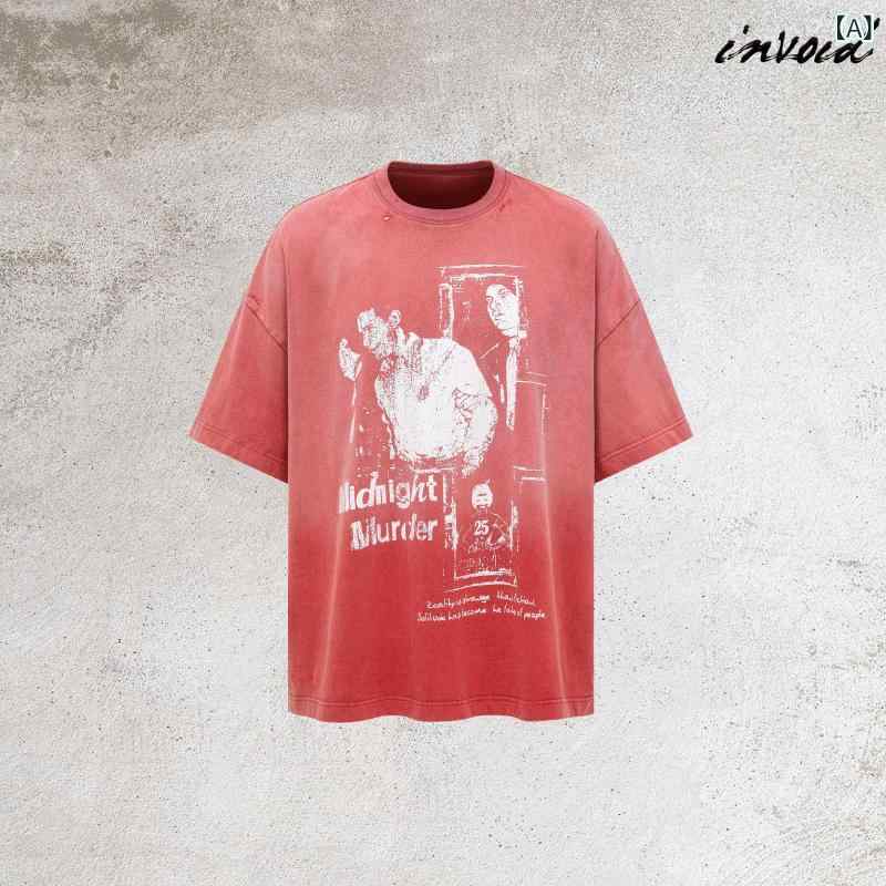 カッコイイ Tシャツ invoid MIDNIGHT MUEDER ミッドナイト チェイス ポートレート プリント バーガンディ ウォッシュ 加工 ダメージ 半袖 Tシャツ｜サポートシェアグローバル