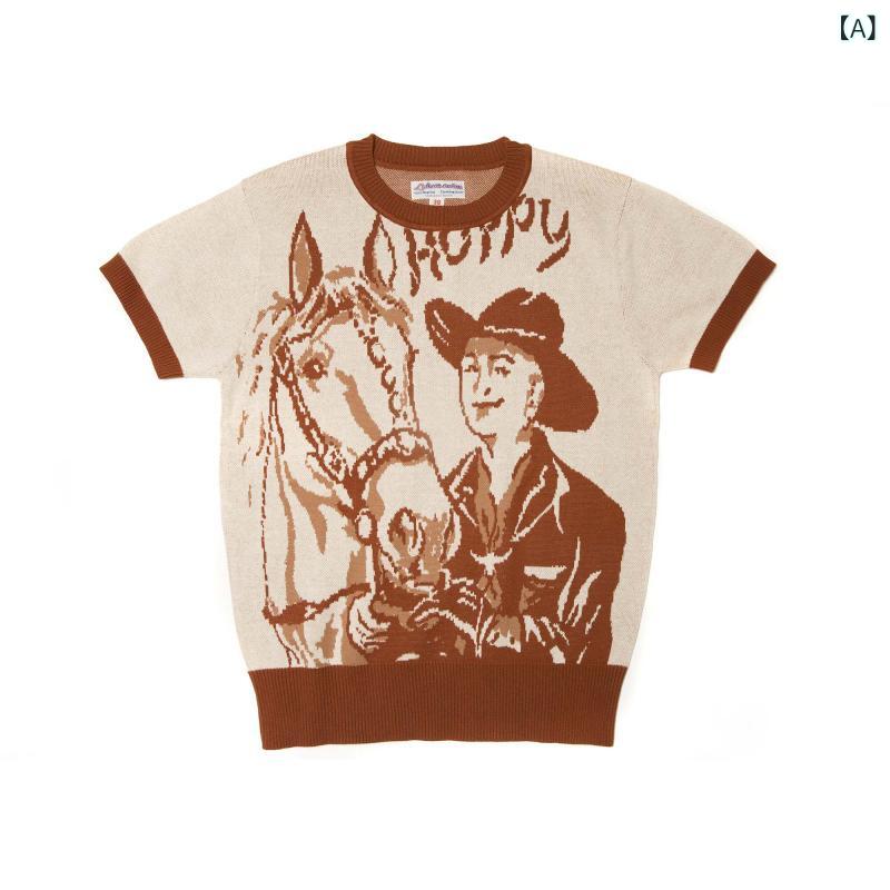 カッコイイ Tシャツ 労働 組合 デニム ホース ニット ジャカード 半袖 Tシャツ 通気性と 快適 LU 137