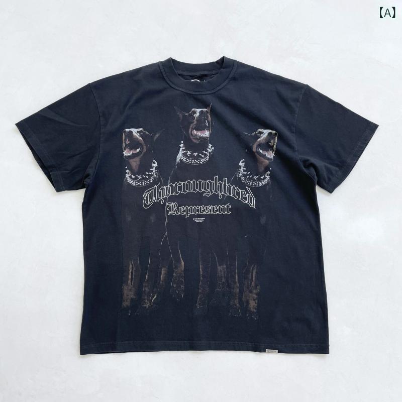 カッコイイ Tシャツ REP ドーベルマン ストリート 欧米風 ハーフ ハイネック ウォッシュ プリント スリー ドッグヘッド 半袖 Tシャツ