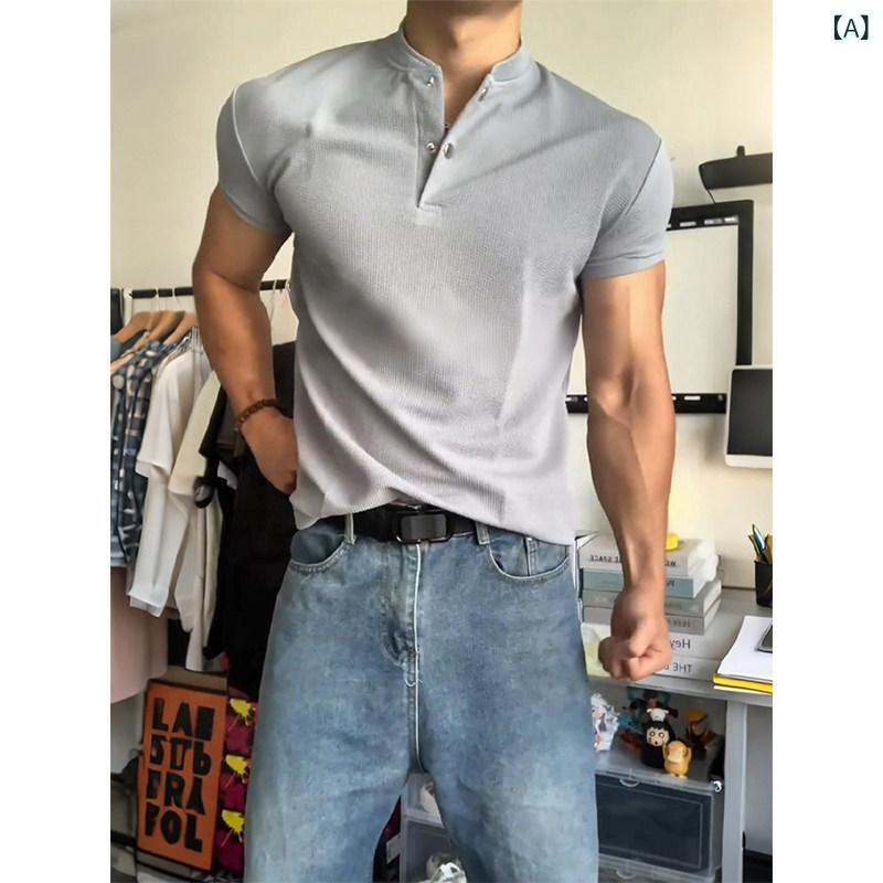 Tシャツ ストリート ライト グレーの ヘンリー カラー 半袖 メンズ ワッフル Tシャツ シャツ 筋肉 フィットネス アメリカン レトロ ポロシャツ