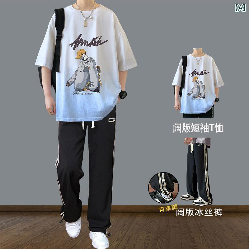 メンズ おしゃれ スウェット セット 綿のの 夏 スーツ 男の子 半袖 Tシャツ 高校生 中学生の クールな な 冷感の ズボン