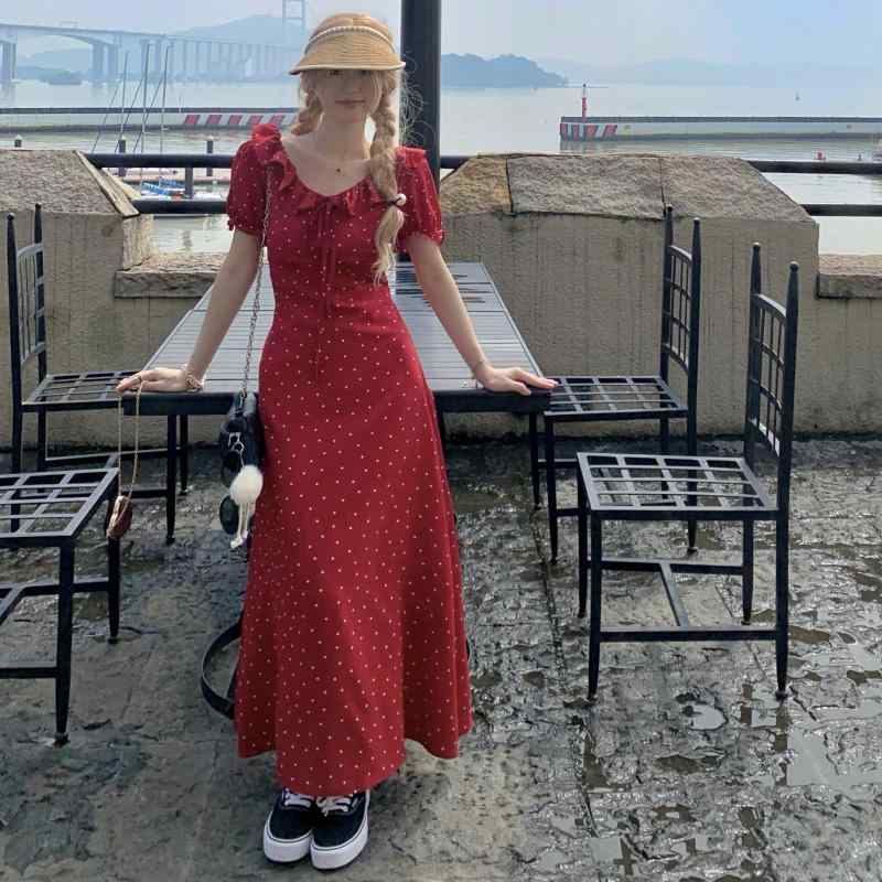 水玉 ワンピース ドット ココ プリンセス ファッション レディース 服 mm フレンチ スリム 蓮の葉の 襟 パフスリーブ 水玉 ドレス ウエスト 5,538円
