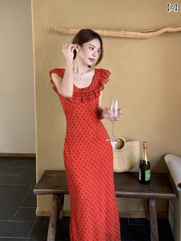 水玉 ワンピース ドット レディース フランスの 赤い ドットの ドレス スリムフィット ホリデー スタイル エレガントな 女性 とても 美しく ユニークで 美しい