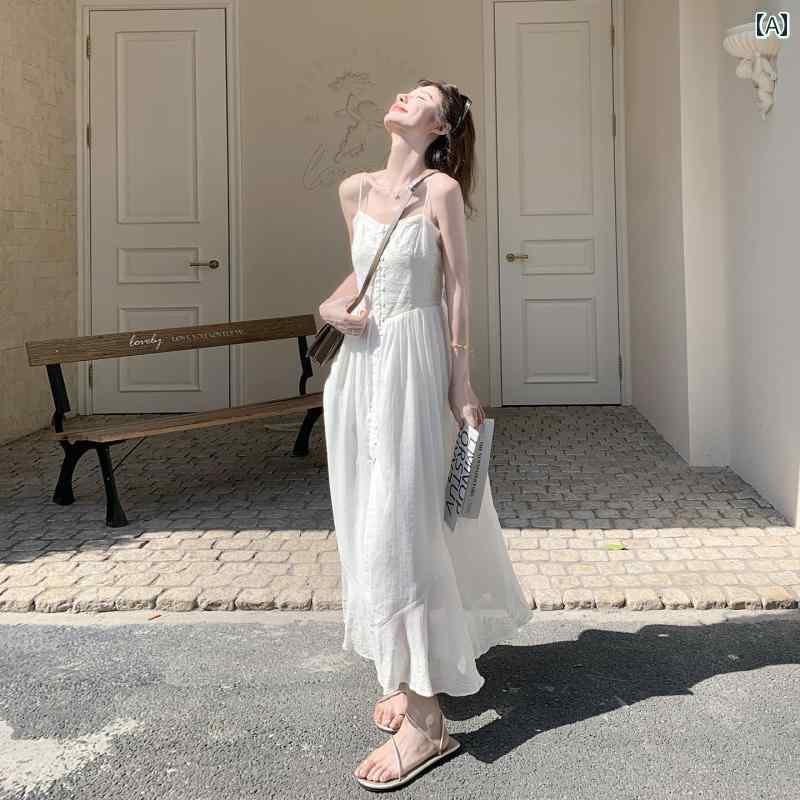 ロング スカート ファッション ホワイト ジャカード サスペンダー ドレス 女性 2025夏の フレンチスタイル 美しい 海辺の 休日の ロング