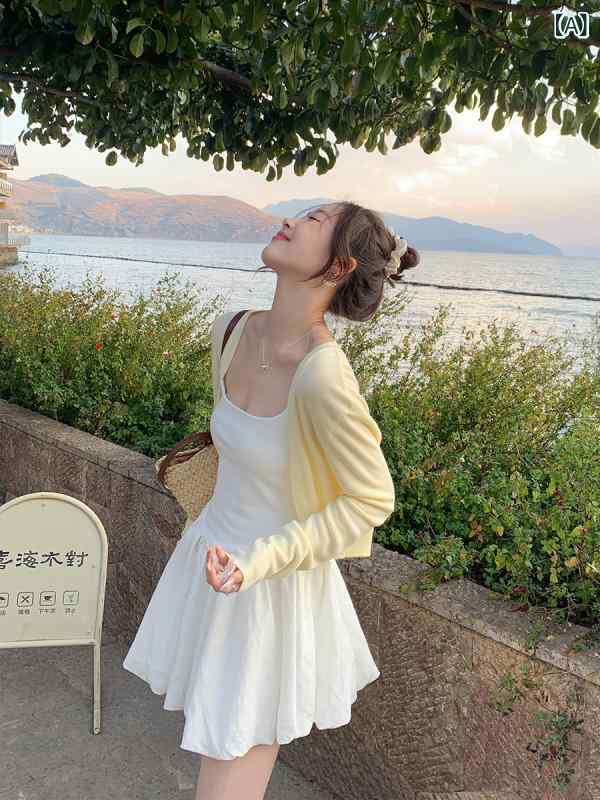 きれいめ 春秋 ニット 黄色の カーディガン 薄手 レディース サスペンダー スカート 付き 小さめ アウターウェア 2025夏用 日焼け防止 ベスト ジャケット ショート 丈 トップス